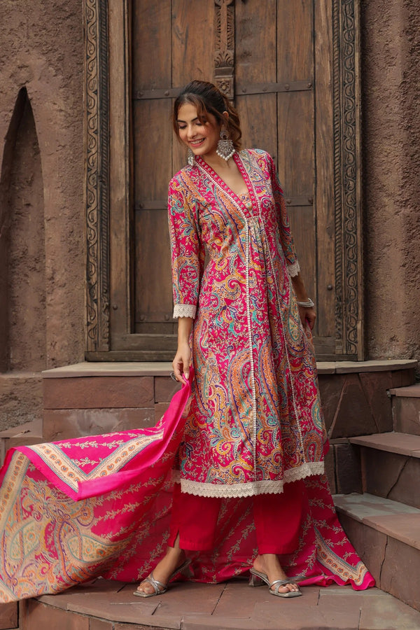 Premium Pink Paisley Printed Cotton Blend Anarkali Kurta Set with Dupatta
