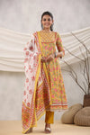 Premium Mustard Yellow Floral Printed Anarkali Kurta Set with Cotton Dupatta