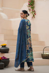 Premium Navy Blue Floral Printed Straight Kurta Set with Chiffon Dupatta