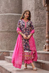 Premium Navy Blue Floral Printed Anarkali Kurta Set with Pink Dupatta