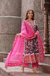 Premium Navy Blue Floral Printed Anarkali Kurta Set with Pink Dupatta