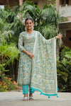 Premium White & Aqua Blue Floral Printed Straight Kurta Set with Cotton Dupatta