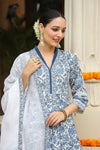 Premium Blue Floral Printed Anarkali Kurta Set with Organza Dupatta