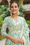 Premium White & Aqua Blue Floral Printed Straight Kurta Set with Cotton Dupatta