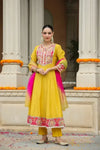 Premium Mustard Yellow Embroidered Anarkali Kurta Set with Multicolor Organza Dupatta