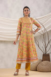 Premium Mustard Yellow Floral Printed Anarkali Kurta Set with Cotton Dupatta